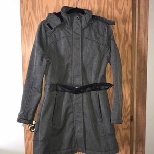C B Grey back pleated hooded coat. Black belt. XL